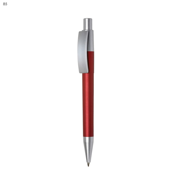 A red plastic pen with a silver clip and tip, featuring a sleek design and a branding logo.