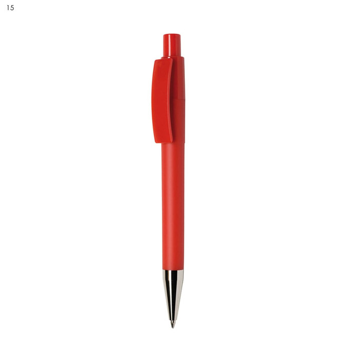 A red plastic pen with a click mechanism and a silver tip, featuring a logo on the body.