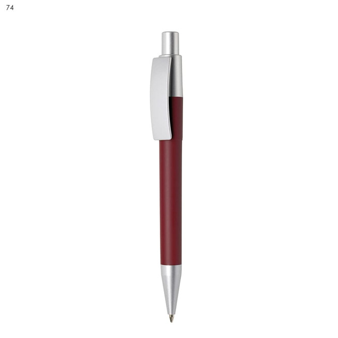 A maroon plastic pen with a silver clip and tip, featuring a logo on its surface.