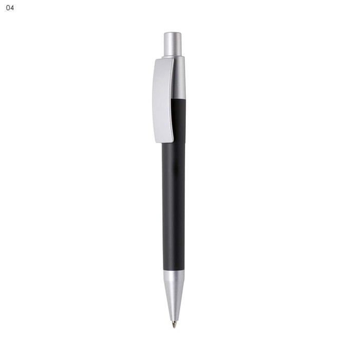 A plastic pen in black with a silver clip and tip, featuring a branding logo.