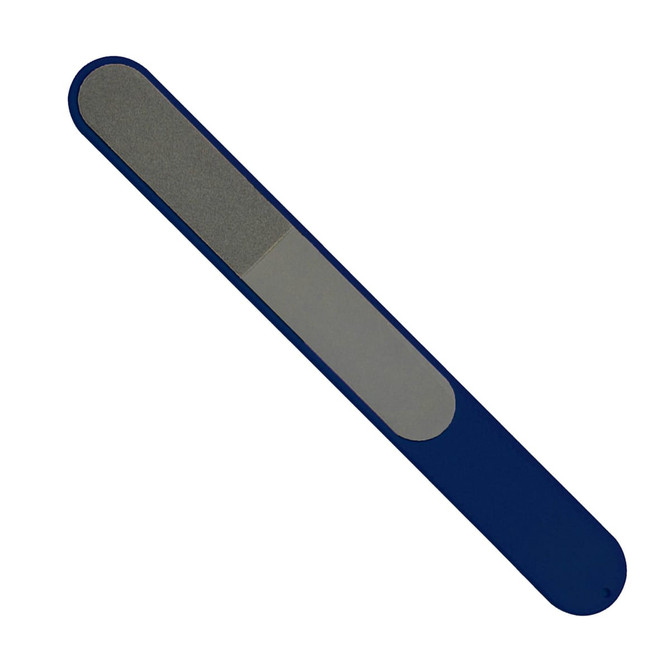 A blue Paris nail file with a textured surface for shaping and smoothing nails. It has a simple design and a logo.