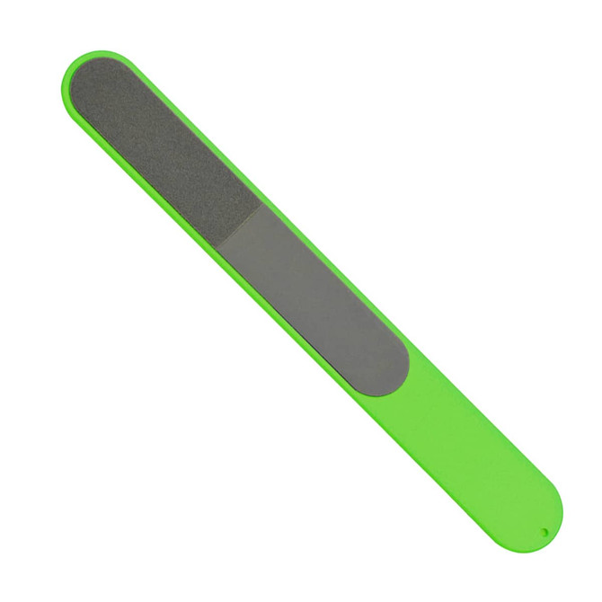 A bright green nail file with a smooth surface and a textured side for filing. Features a branding logo.