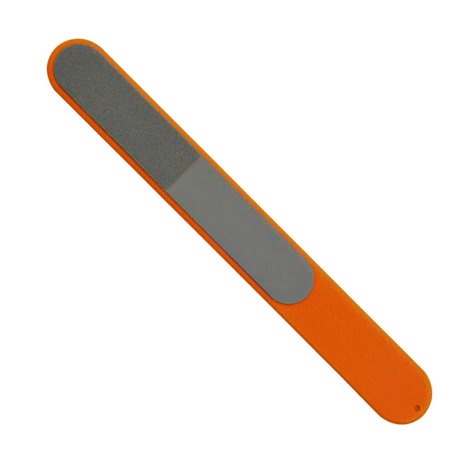 An orange nail file with a textured surface and a smooth side, featuring a logo.