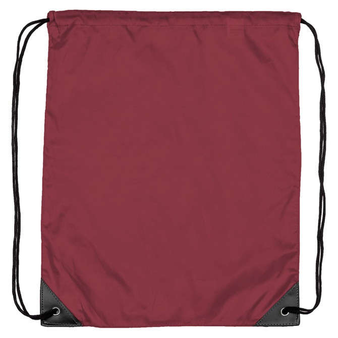 A maroon drawstring bag with black corners and a simple design, featuring a logo.