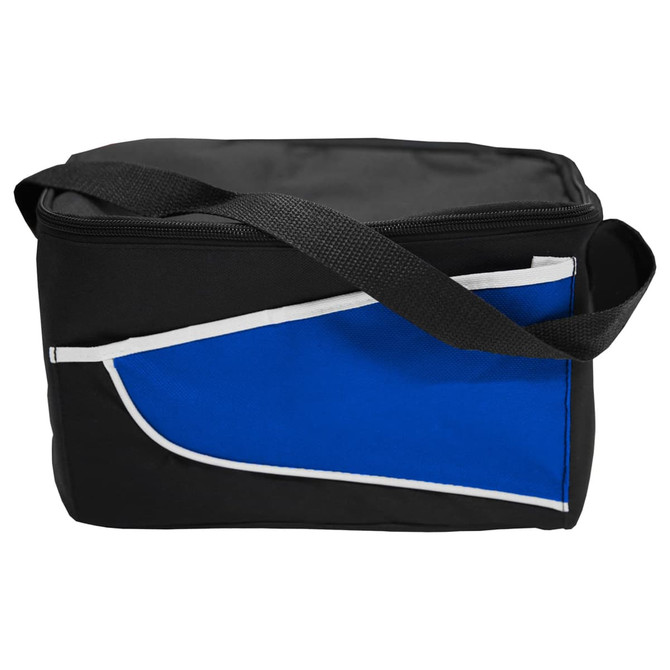 A black nylon cooler bag with a blue accent and a shoulder strap. It includes a zip closure and features a logo.