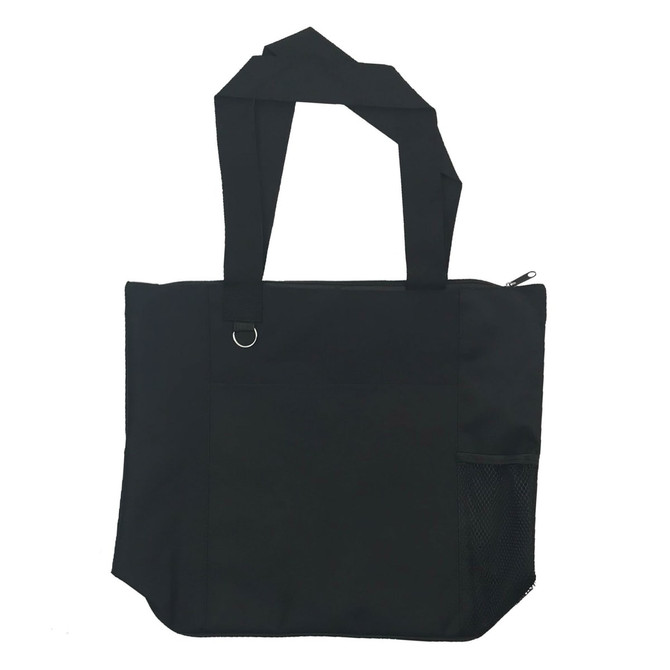 A black nylon shopping tote with two handles and a side mesh pocket. Features a zip closure and a logo.