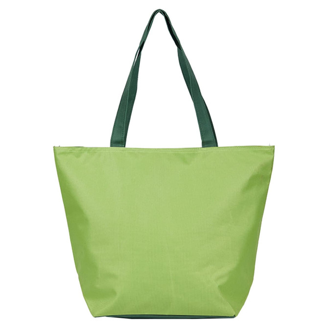 A green tote bag with dark green handles, featuring branding on the front. 