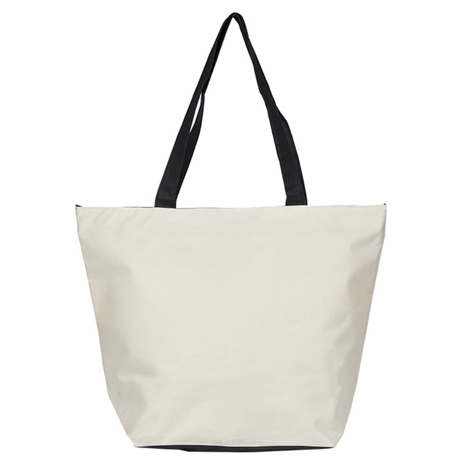 A beige tote bag with black handles. The bag has a simple design and features a logo.