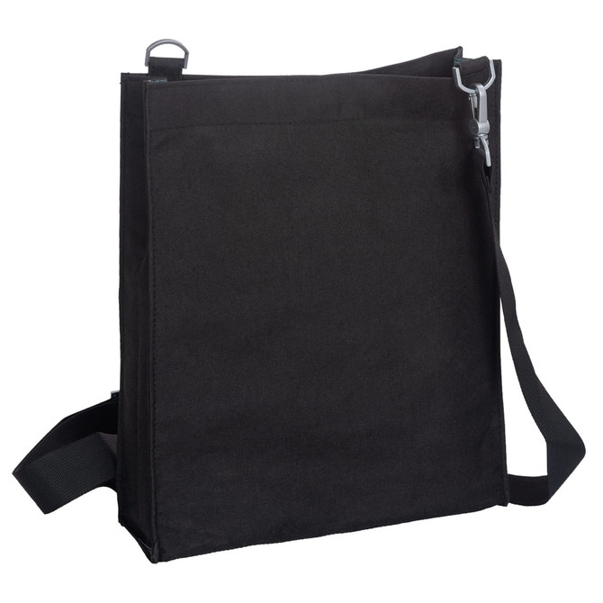 A black nylon library bag with a shoulder strap and a silver clip, featuring a simple design.
