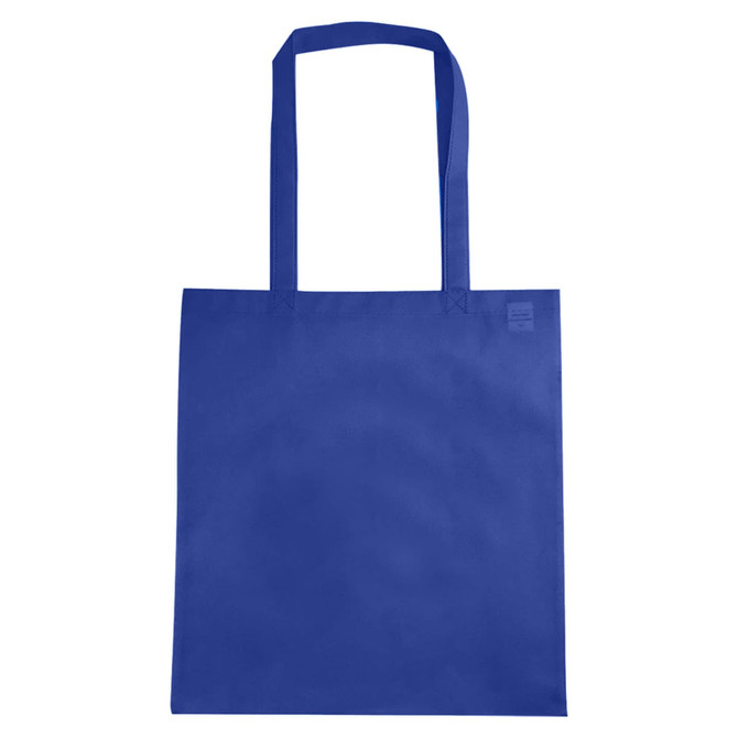 A blue non-woven reusable grocery bag with two handles and no gusset, featuring a logo.