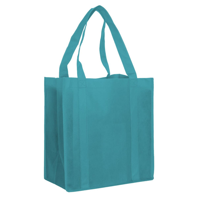 A turquoise non-woven shopping bag with sturdy handles and a simple design, suitable for reusable grocery shopping.