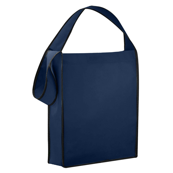 A non-woven sling bag in navy blue with contrasting trim and a shoulder strap. It features a logo.