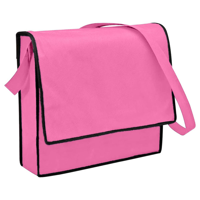 A pink non-woven flap satchel with a black trim and shoulder strap, featuring a logo.