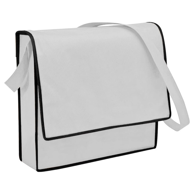 A white non-woven flap satchel with black trim and a shoulder strap; features a logo on the front.