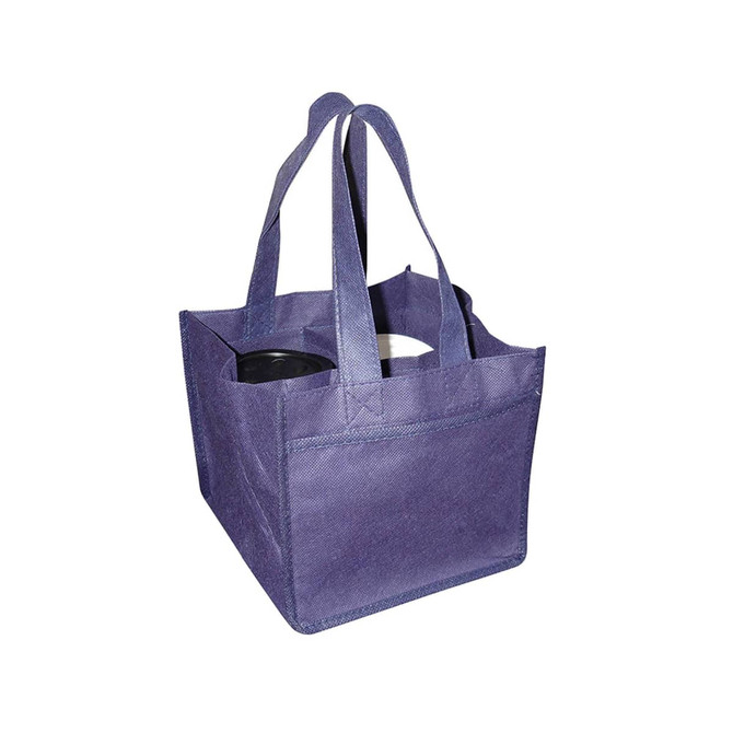 A purple non-woven bag featuring four compartments, suitable for holding coffee cups, with sturdy handles and a simple design.
