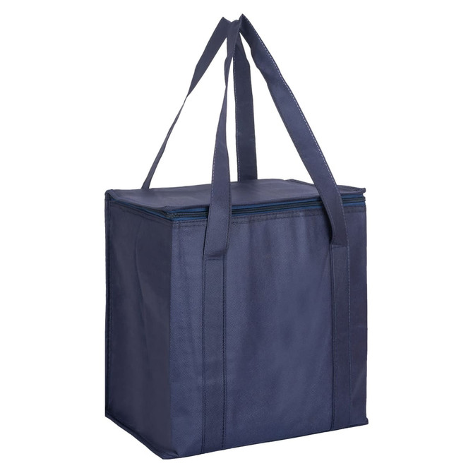 A navy non-woven cooler bag with a zipped lid and sturdy handles, designed for carrying drinks and food items.