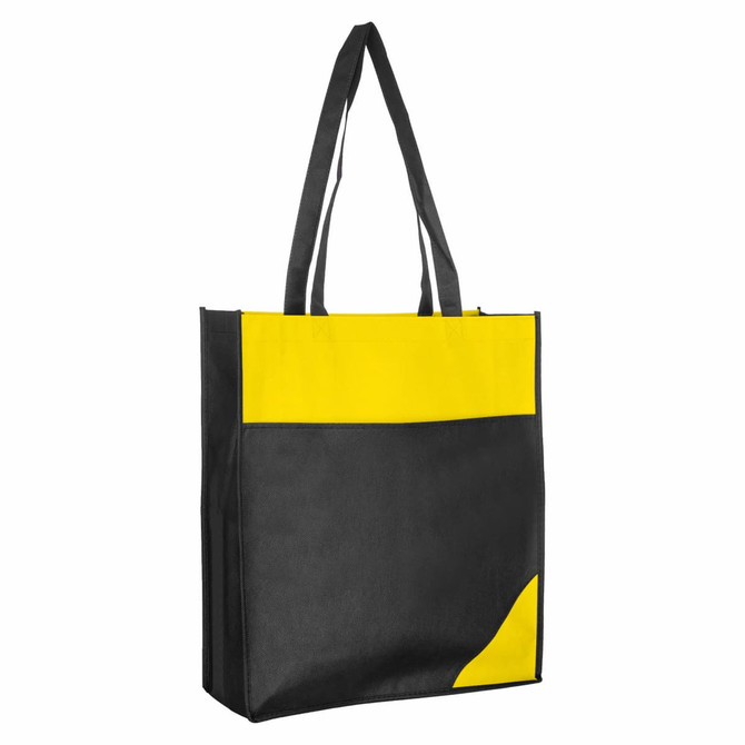A reusable grocery bag in black and yellow featuring sturdy handles and a branding logo.