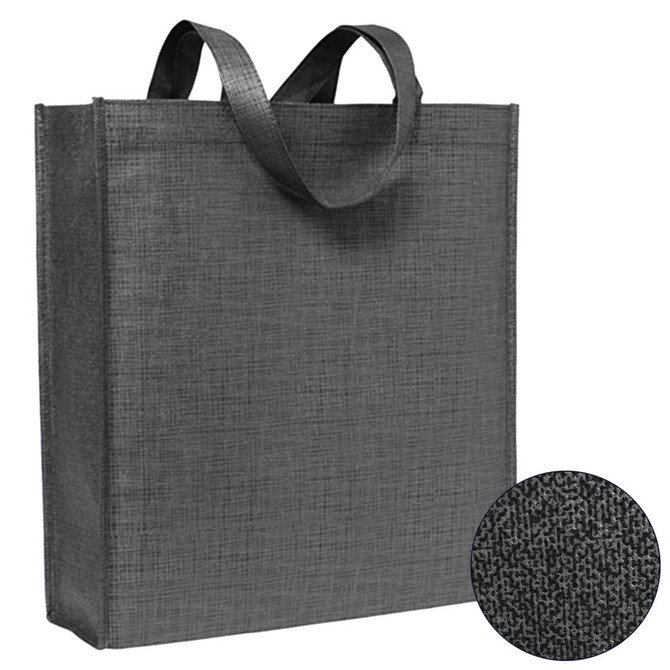 A premium patterned non-woven tote bag in black, featuring two sturdy handles and a textured design.
