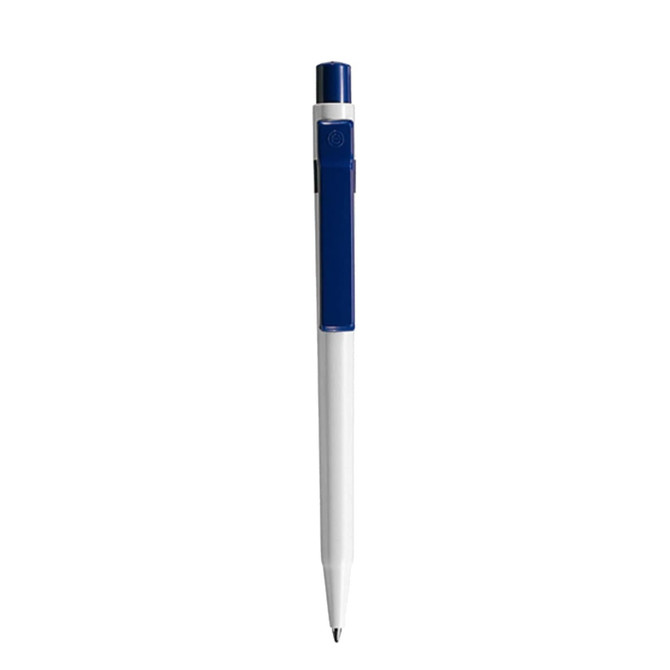 A plastic pen with a blue top and white body, featuring a logo on the barrel.