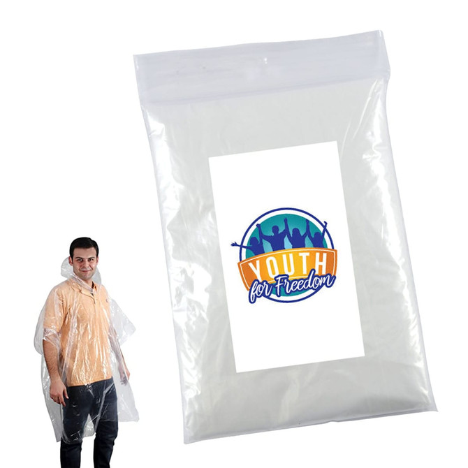 A clear poncho is displayed, packaged in a plastic bag, with a logo featured on the front.