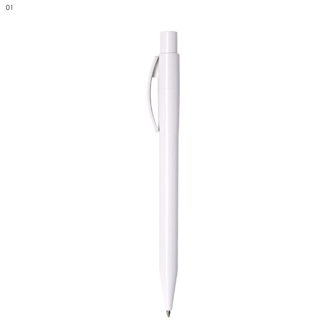 A white plastic pen with a sleek design and a clip, featuring a branding logo.