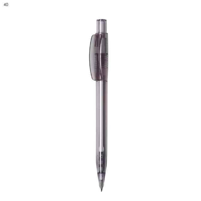 A plastic pen with a clear body and black ink. It features a transparent grip and a clip.