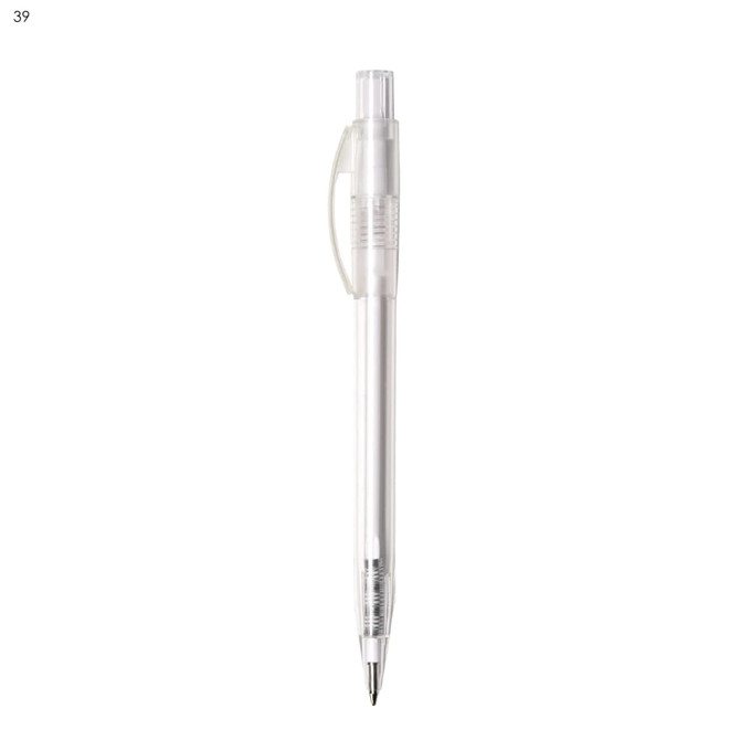 A plastic pen in clear design with a transparent body and a black ink tip. It features a logo on the barrel.