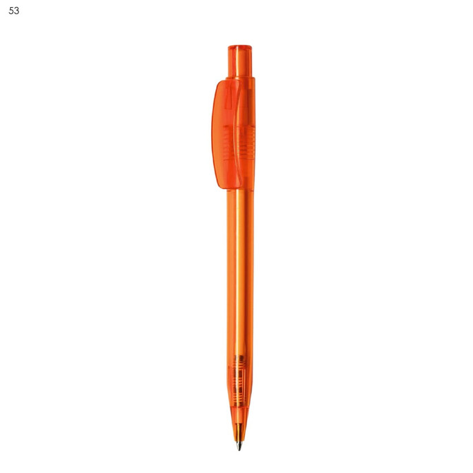 An orange plastic pen with a click mechanism and a transparent barrel. It features a logo on the side.