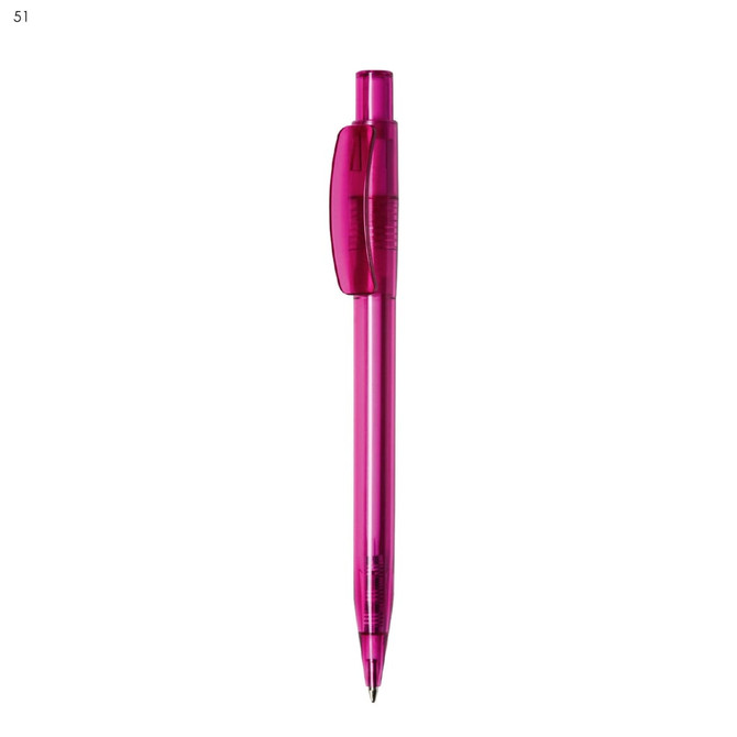 A plastic pen in a vibrant pink colour with a clear barrel and a clip. It features a logo on the side.