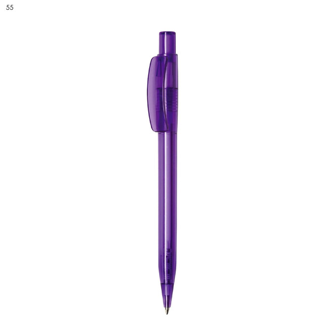 A purple plastic pen featuring a transparent barrel and a clip. It includes branding on the side.