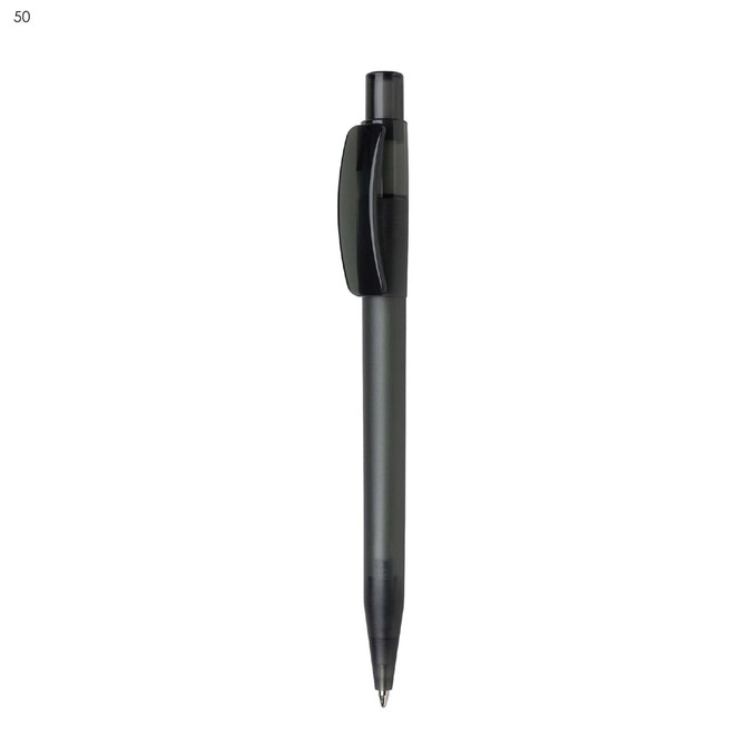 A plastic pen in a sleek black design with a clip and a branded logo on the side.