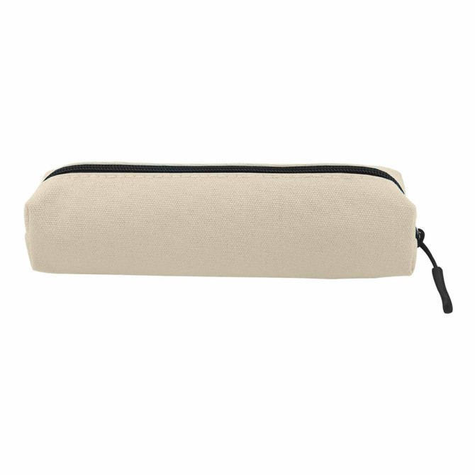 A beige canvas tube pencil case with a black zipper, featuring a logo on one side.