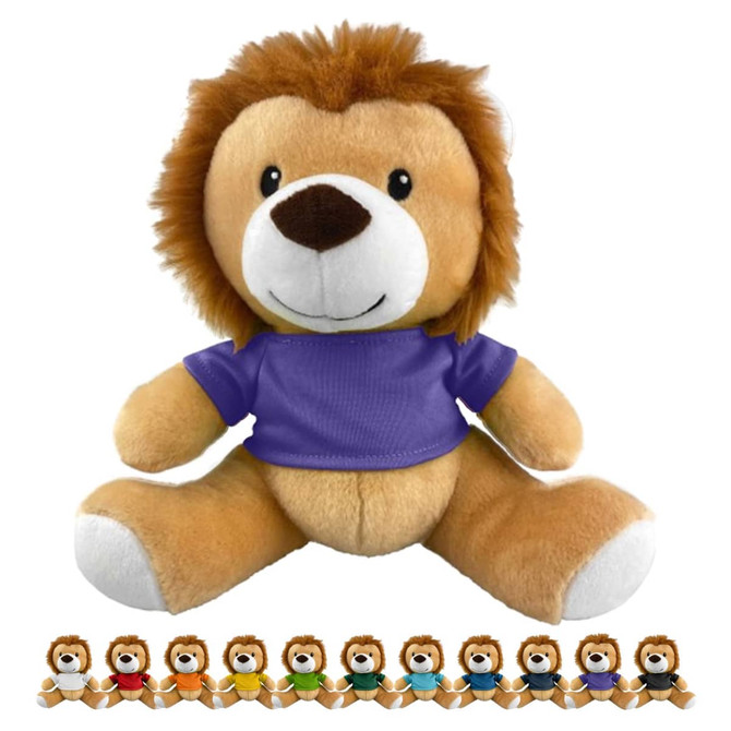 A tan lion plush toy with a purple shirt, featuring a friendly expression and fluffy mane, alongside smaller versions in various colours.