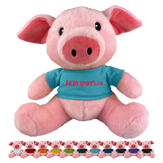 A pink plush pig wearing a blue shirt, featuring a logo, with several smaller colourful plush pigs displayed below.