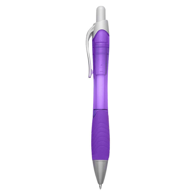 A purple plastic pen featuring a textured grip and a silver clip. Includes branding on the body.