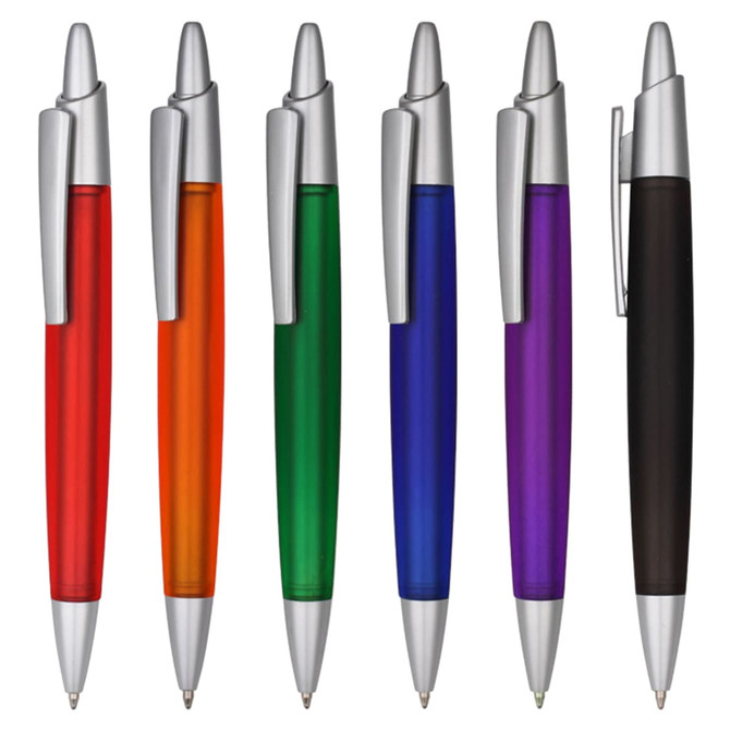 A collection of plastic pens in various colours including red, orange, green, blue, purple, and black, each with a silver accent.