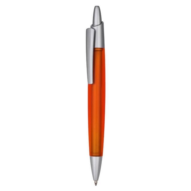 An orange plastic pen with a silver clip and tip. Features a branding logo.
