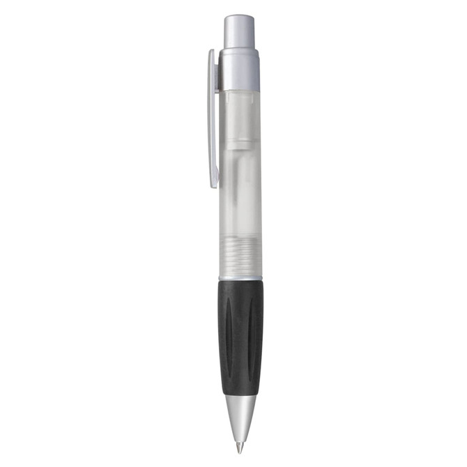 A plastic pen with a transparent barrel and black grip, featuring a silver clip and tip.