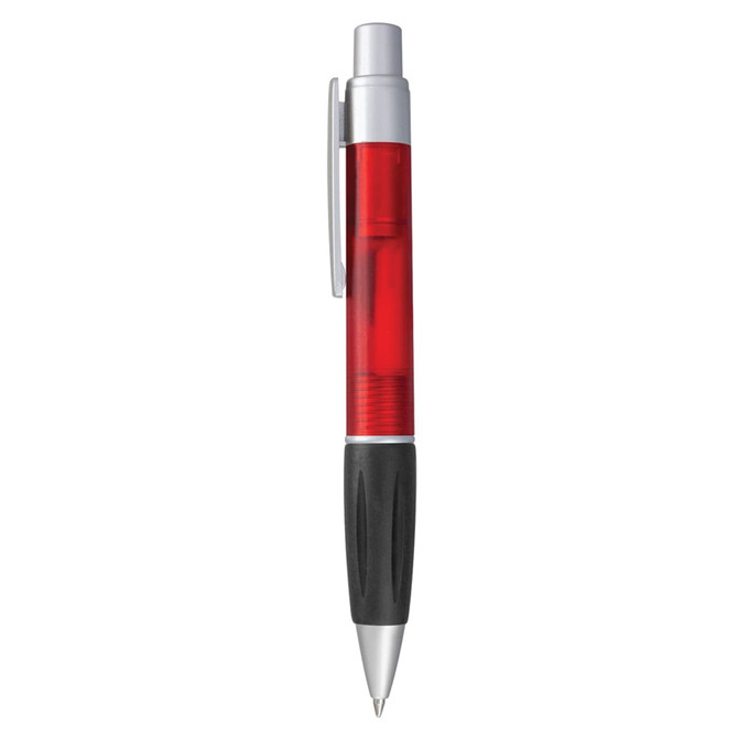 A red plastic pen with a black grip and a silver clip. The pen features a branding logo.