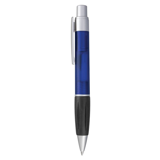 A plastic pen in blue and black, featuring a clear barrel and a silver clip. It includes a logo.