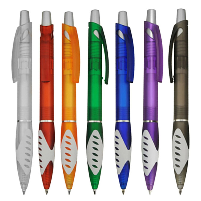 A collection of plastic pens in various colours: clear, red, orange, green, white, blue, and black, each with a logo.