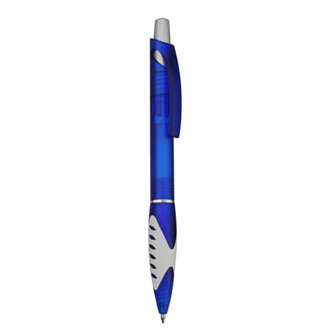 A blue plastic pen with a grip section and a clip, featuring a logo on the side.