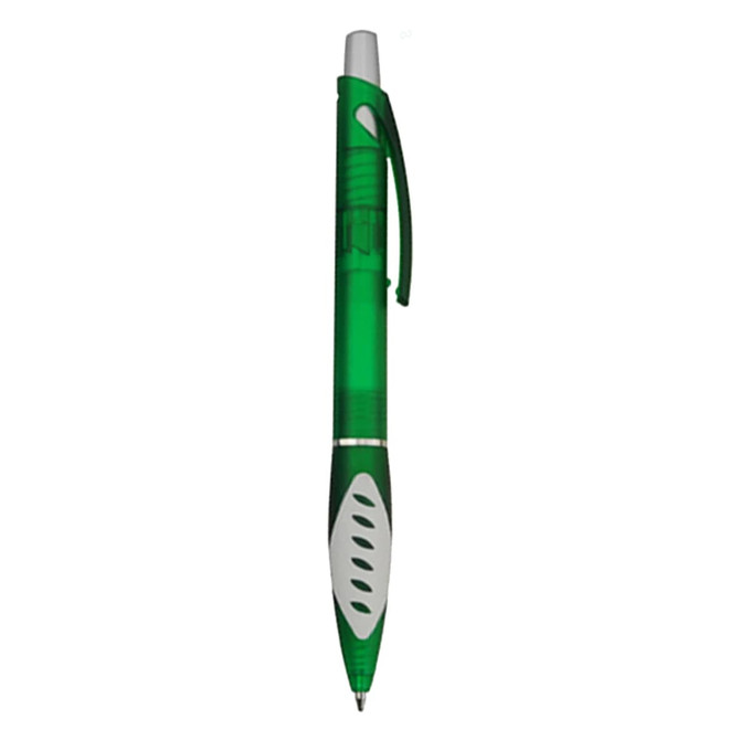 A green plastic pen with a grey clip and grip, featuring a logo on the body.