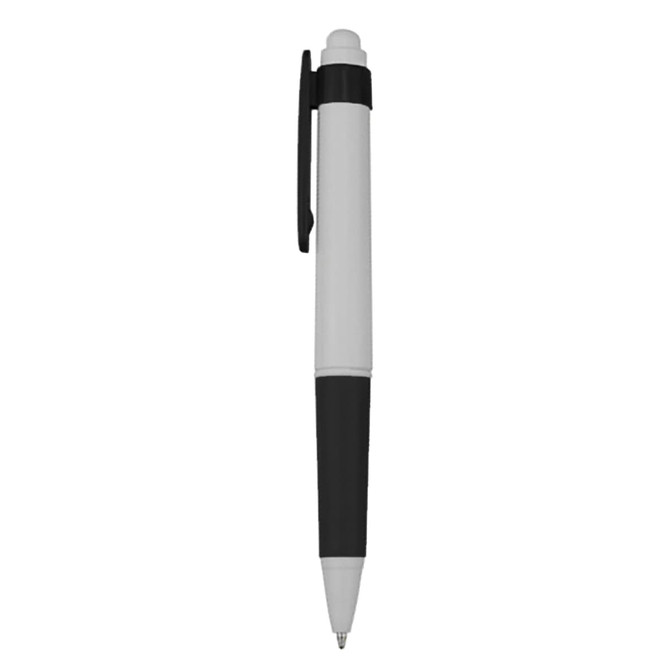 A plastic pen featuring a white barrel and a black grip, with a clip and a logo.