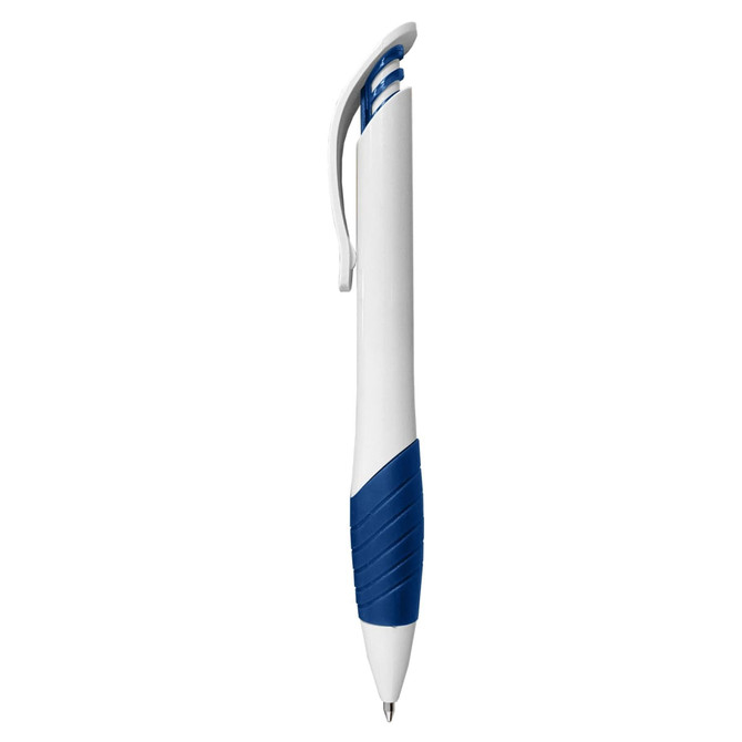 A plastic pen featuring a white barrel with a blue grip and clip, adorned with a logo.