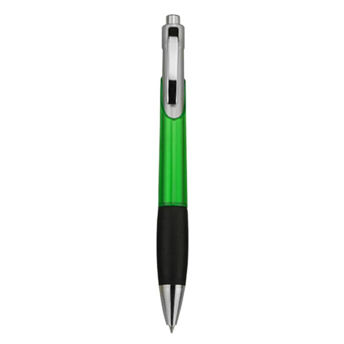 A plastic pen with a bright green barrel and a black grip, featuring a silver clip and tip. It has a logo on the barrel.