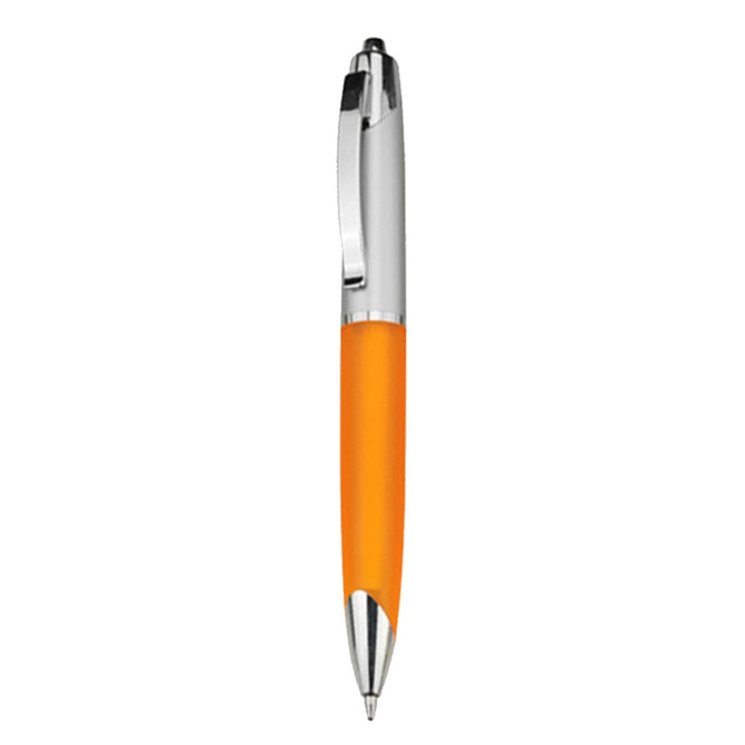 An orange plastic pen with a chrome clip and silver tip, featuring a logo.