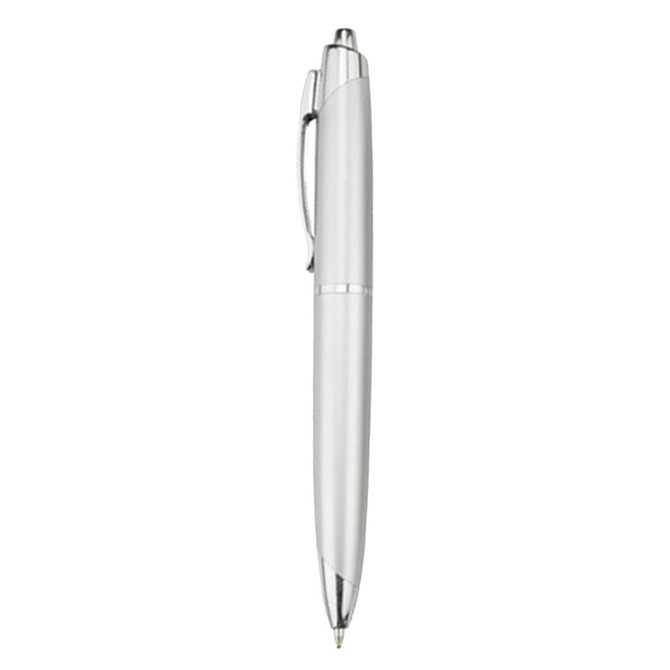 A silver plastic pen with a sleek design and a clip, featuring a logo on its surface.
