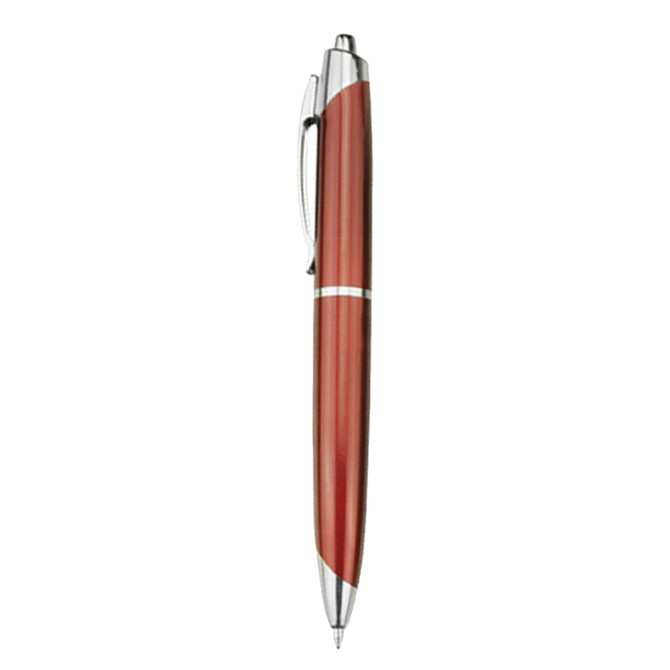 A plastic pen in a rich red and silver design with a sleek, elegant look and a clip for easy attachment.