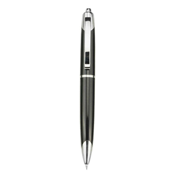 A plastic pen in black with silver accents and a logo on the side.